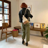 Straw Canvas Shoulder Bag Drawstring Rattan Handbag