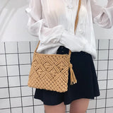 Straw Hand Woven Bag Clutch Beach Shoulder Bags Vintage Cotton Tassel