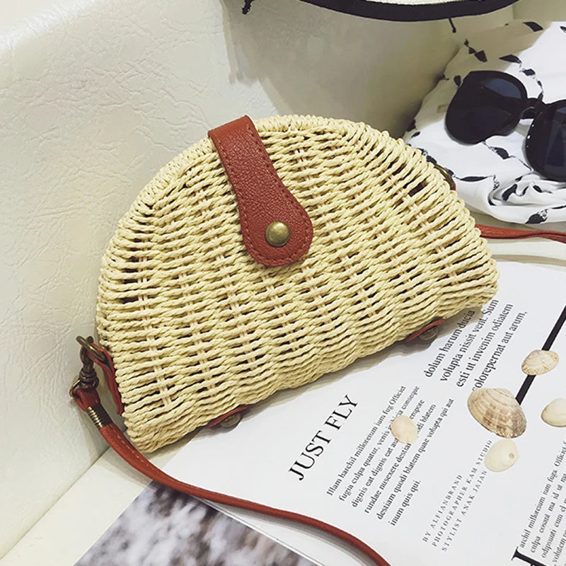 Straw Mini Messenger Bag With PU Hasp Women Summer Beach Bag Retro Purse Handbag