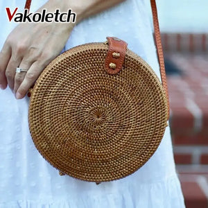 Straw Round Circle Shoulder Beach Bag Summer Rattan Bag