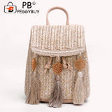 Boho Straw Shoulder Backpack with Tassel for Women