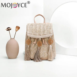 Boho Straw Backpack with Tassel Beach School Bags