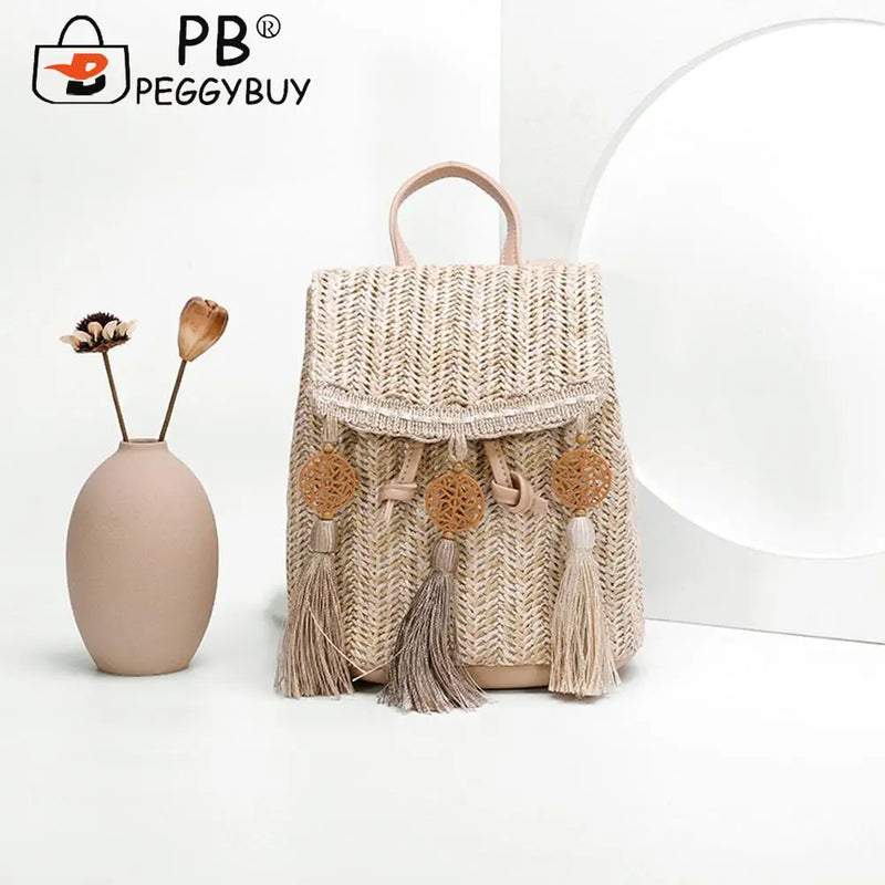 Boho Straw Shoulder Backpack with Tassel for Women