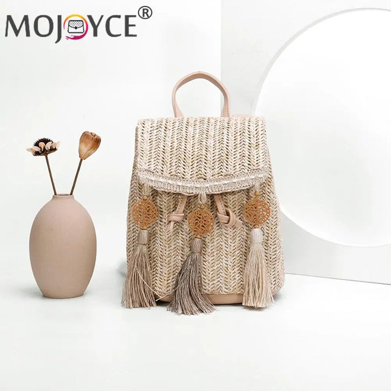 Boho Straw Backpack with Tassel Beach School Bags