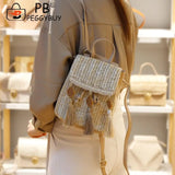 Boho Straw Shoulder Backpack with Tassel for Women