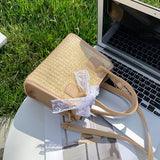 Straw Shoulder Bag Summer Beach Lace Splicing Woven Women Crossbody Handbags