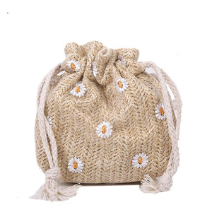 Straw Weave Bucket Bags Rattan Women Beach Shoulder Bags Casual Retro Mini