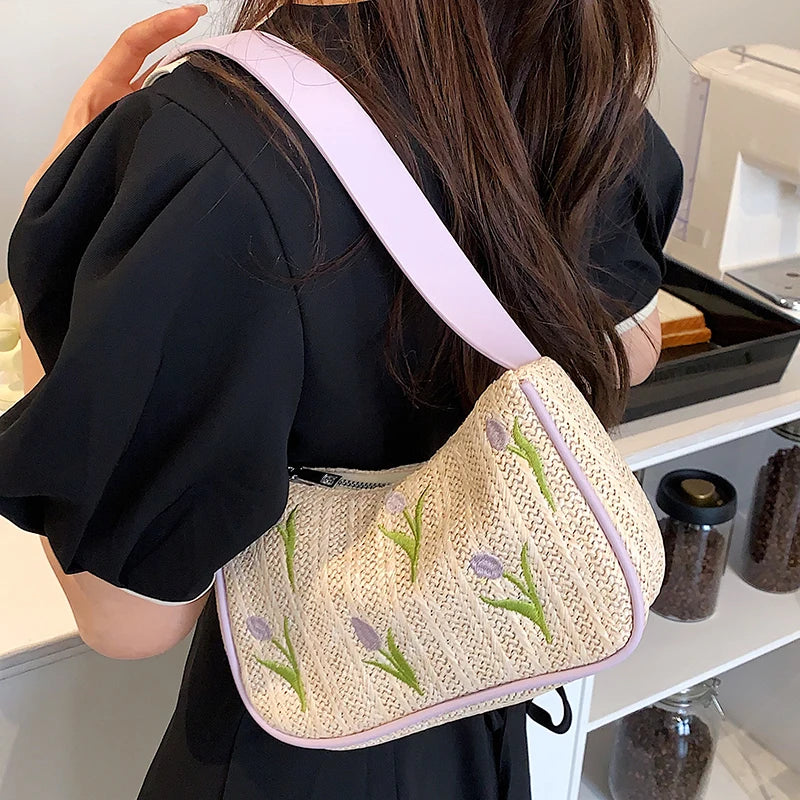 Embroidered Flower Straw Hobo Shoulder Bag