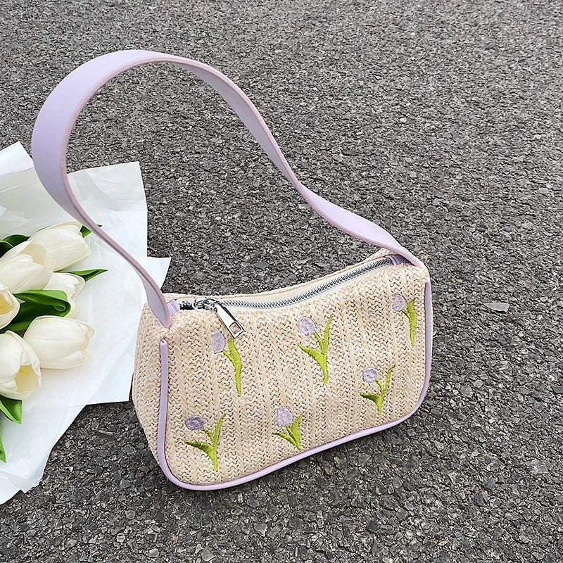 Embroidered Flower Straw Hobo Shoulder Bag