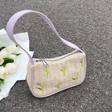Embroidered Flower Straw Hobo Shoulder Bag