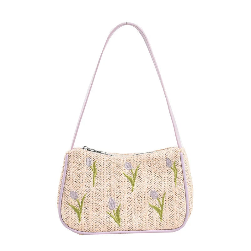 Embroidered Flower Straw Hobo Shoulder Bag
