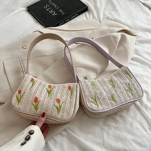 Embroidered Flower Straw Hobo Shoulder Bag