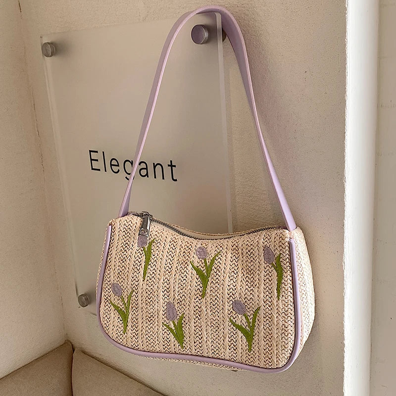 Embroidered Flower Straw Hobo Shoulder Bag
