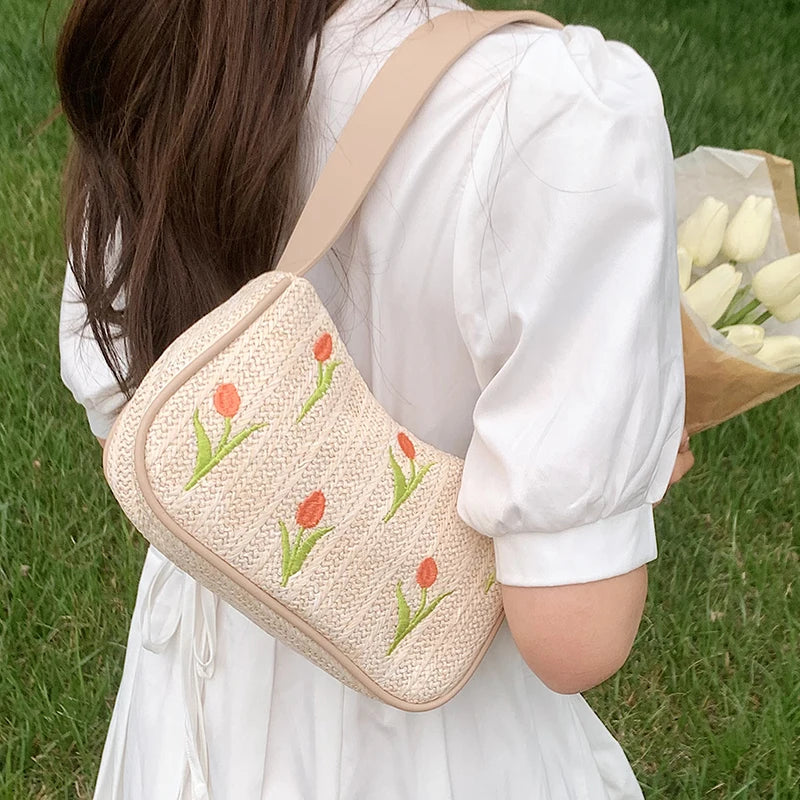 Embroidered Flower Straw Hobo Shoulder Bag