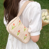 Embroidered Flower Straw Hobo Shoulder Bag