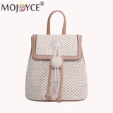 Straw Woven Backpack Beach Women Leather Pompom Travel Shoulder Bag