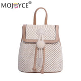 Straw Woven Backpack Beach Women Leather Pompom Travel Shoulder Bag