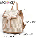 Straw Woven Backpack Beach Women Leather Pompom Travel Shoulder Bag