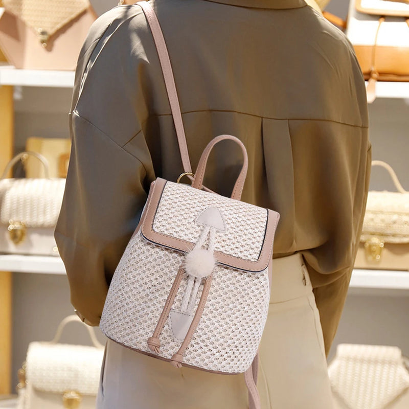 Straw Woven Backpack Multifunctional Shoulder Backpack