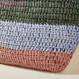 Straw Woven Bag Ladies Tote Large Casual Striped Contrast for Seaside Holiday