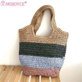 Straw Woven Bag Ladies Tote Large Casual Striped Contrast for Seaside Holiday