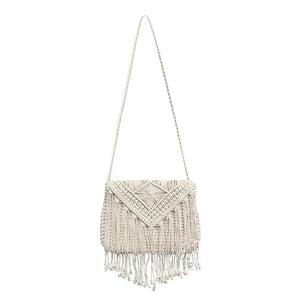 Straw Woven Bag Summer Cotton Rope Hollow Tassel Tote Women Knitting Net Bag