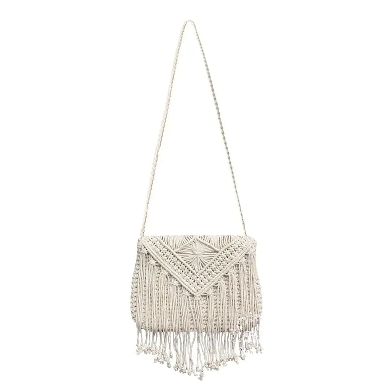 Straw Woven Bag Summer Cotton Rope Hollow Tassel Tote Women Knitting Net Bag