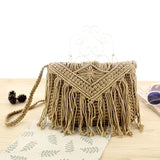 Straw Woven Bag Summer Cotton Rope Hollow Tassel Tote Women Knitting Net Bag