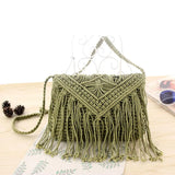Straw Woven Bag Summer Cotton Rope Hollow Tassel Tote Women Knitting Net Bag