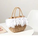 Fairy Feather Woven Straw Bag Beach Handbag