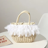 Fairy Feather Woven Straw Bag Beach Handbag