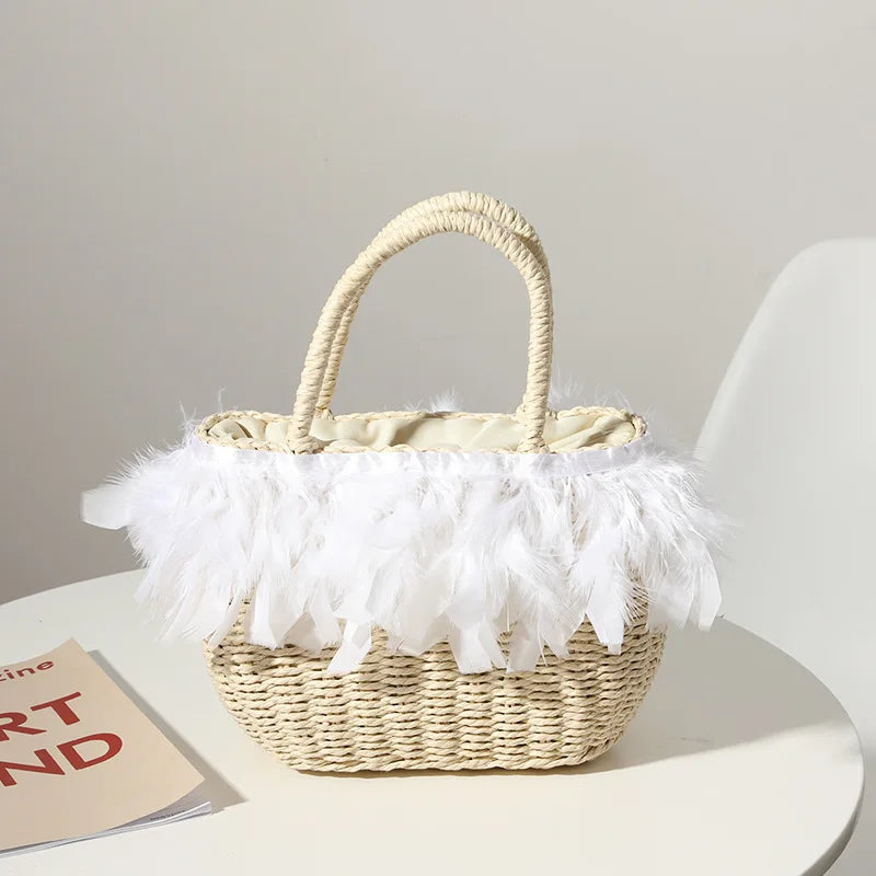 Fairy Feather Woven Straw Bag Beach Handbag