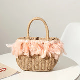 Fairy Feather Woven Straw Bag Beach Handbag