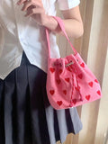 Strawberry Pattern Bucket Crossbody Bag Pink Heart Shoulder Bag Y2k Style