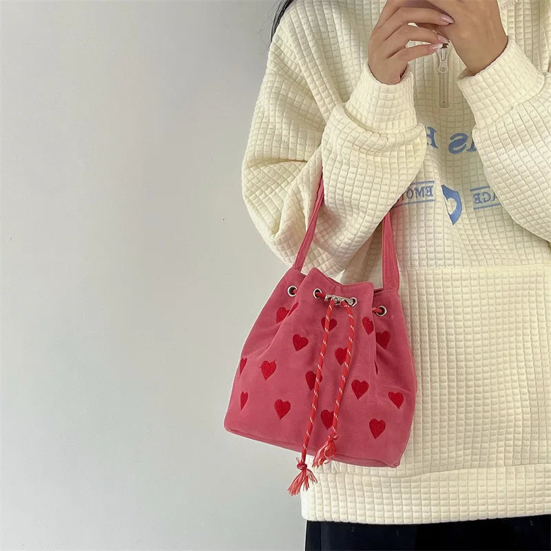 Strawberry Pattern Bucket Crossbody Bag Pink Heart Shoulder Bag Y2k Style
