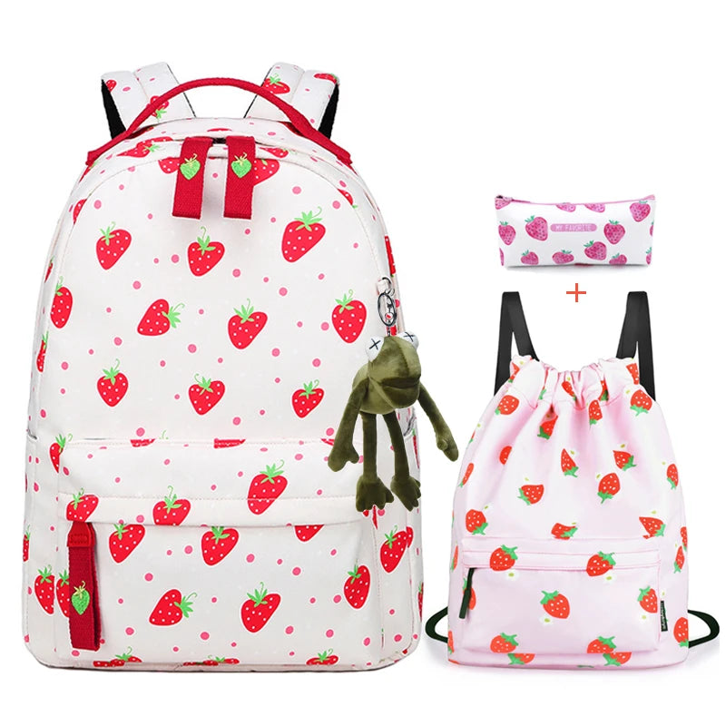 Strawberry Print Middle School Backpack for Girls