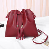 Tassel PU Leather Bucket Bag Small Handbag Women Shoulder Crossbody Purse