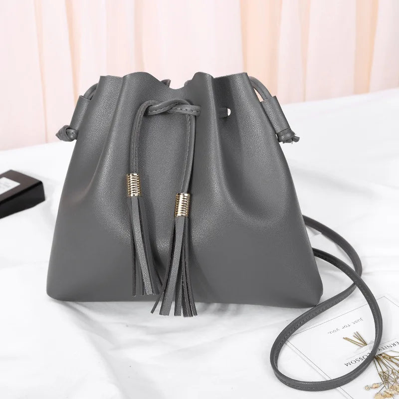 Tassel PU Leather Bucket Bag Small Handbag Women Shoulder Crossbody Purse
