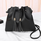 Tassel PU Leather Bucket Bag Small Handbag Women Shoulder Crossbody Purse