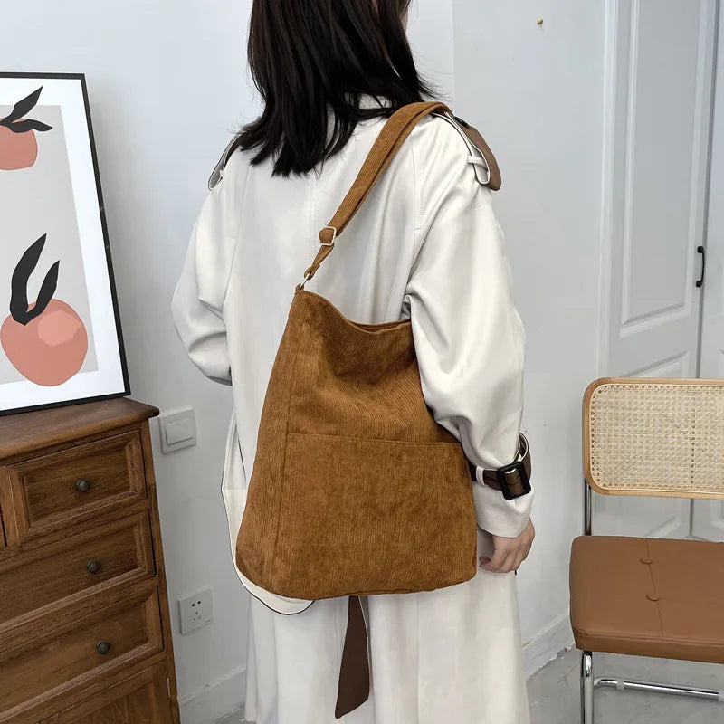 Corduroy Shoulder Bag Women Handbag Casual Tote Solid Cloth Female Crossbody Bag