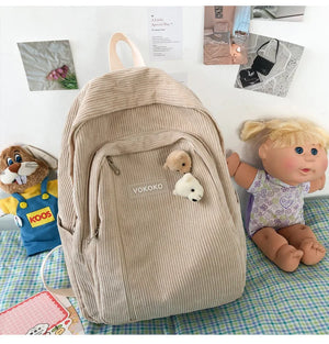 Striped Corduroy Backpack for Teenage Girls Boys