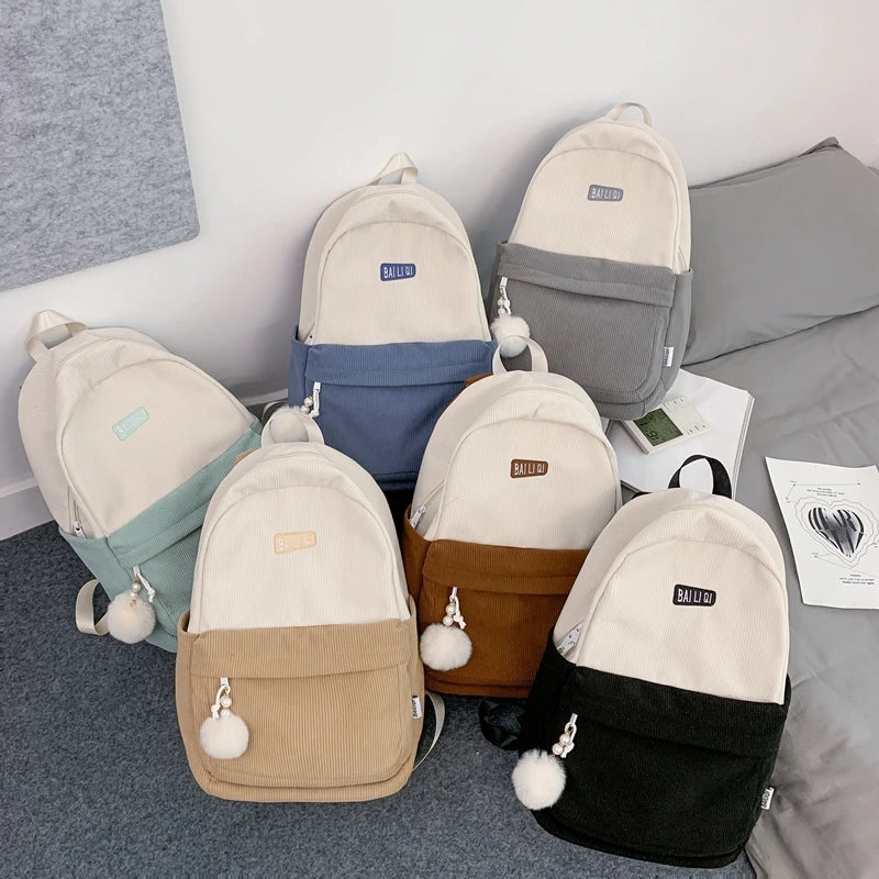 Corduroy Woman Backpack Schoolbag For Teenage Girls