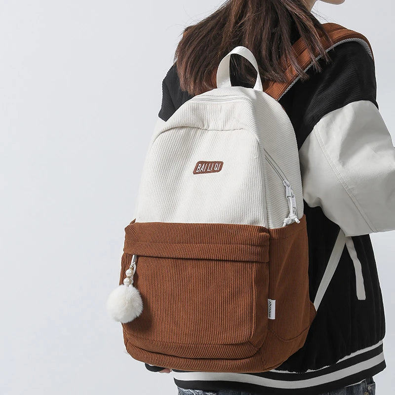 Corduroy Woman Backpack Schoolbag For Teenage Girls