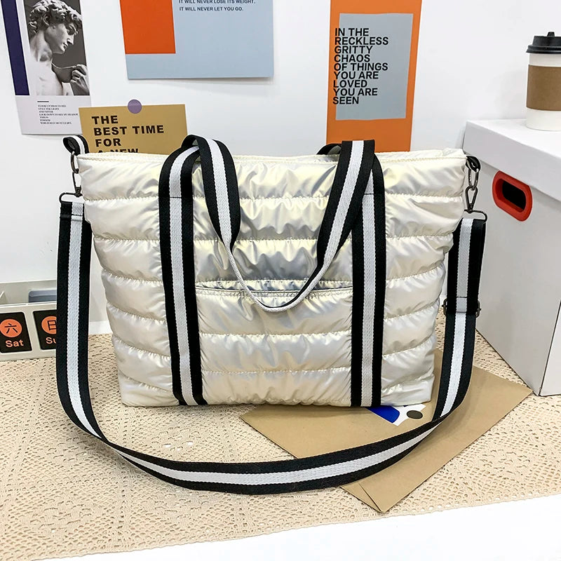 Waterproof Stripe Nylon Big Grid Shoulder Bag For Women