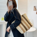 Striped Beach Straw Bag Large Capacity Shoulder Bag for Women