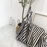 Striped Canvas Shoulder Bag Large Capacity Diagonal Tote Casual Shopping Bag