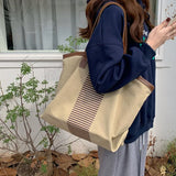 Striped Canvas Shopper Handbags Large Shoulder Bags Casual Tote