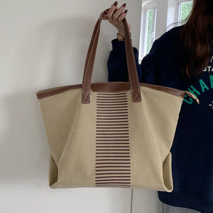 Striped Canvas Shopper Handbags Large Shoulder Bags Casual Tote