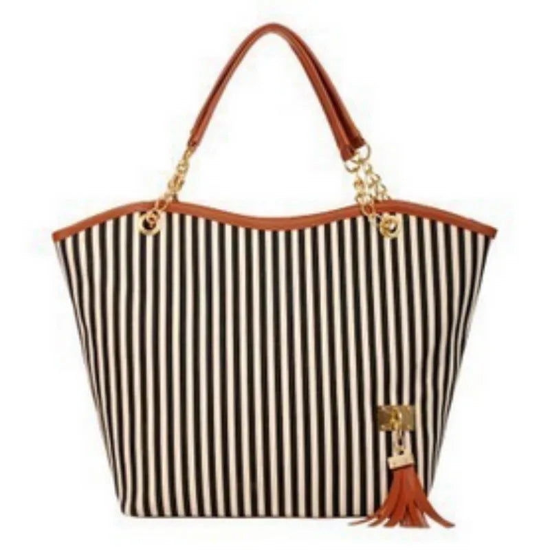 Striped Casual Tote Canvas Handbag Shoulder Shopping Bags Zipper Large Bag