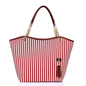 Striped Casual Tote Canvas Handbag Shoulder Shopping Bags Zipper Large Bag